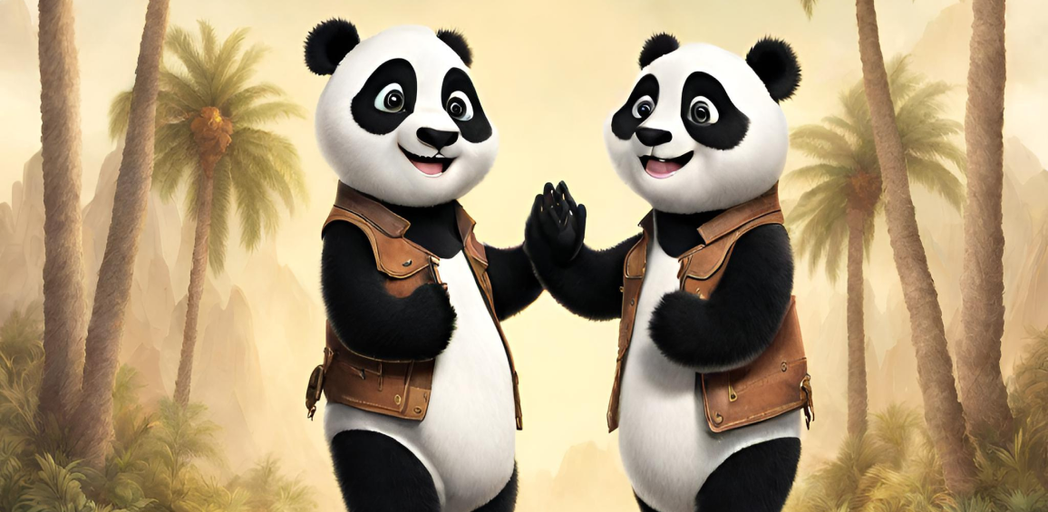 Niedźwiedzie panda Pocket i Buddy przybijający piątki